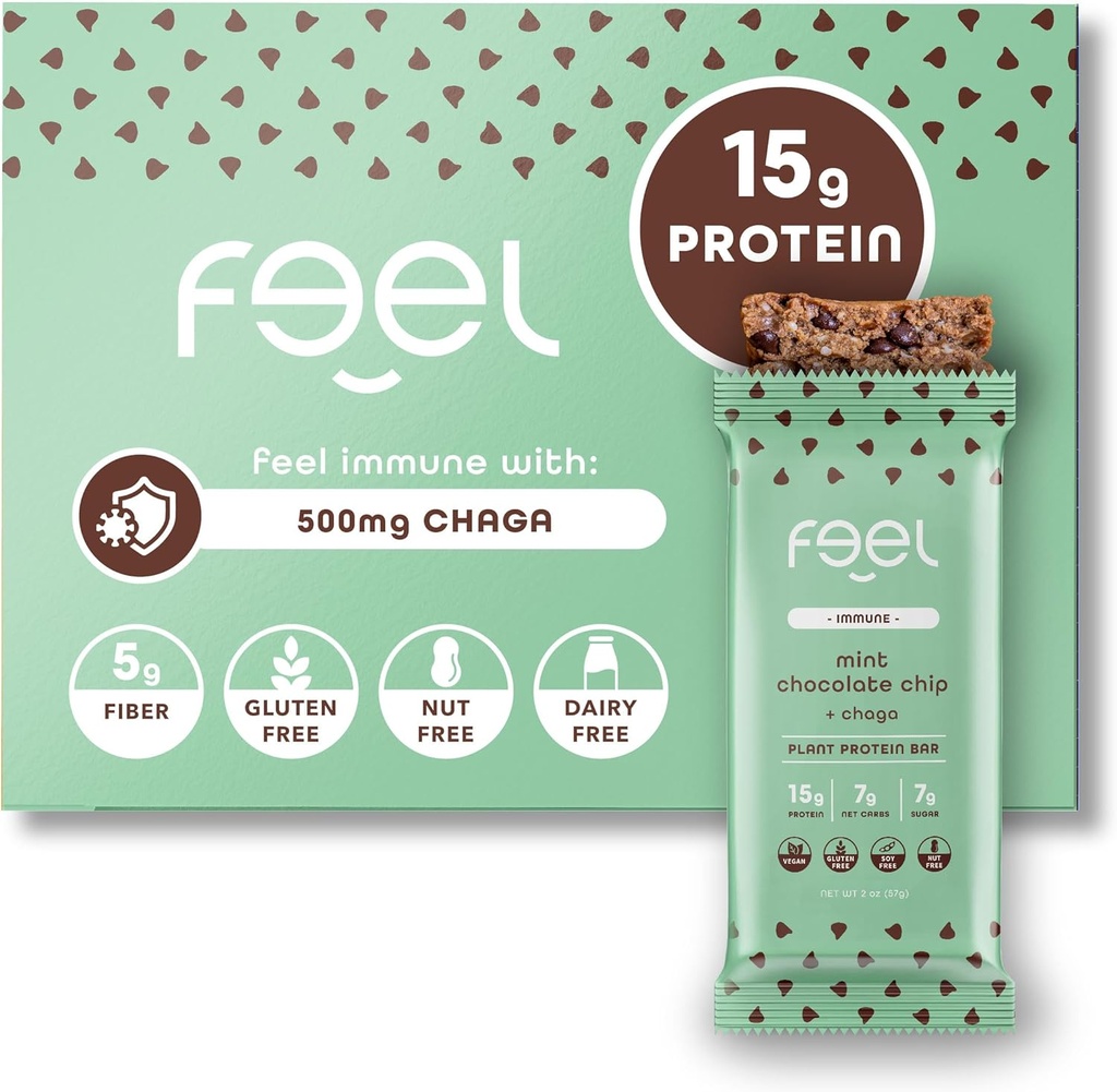 Spüren Sie Vegan Protein Bars | Mint Schokolade Chip | Keto | Gluten Free | Organic | Chaga Mushroom | 15g Pflanzenprotein | Low Carb | High Protein | Dairy Free | Low Sugar | Grain Free | Nut Free | Soy Free