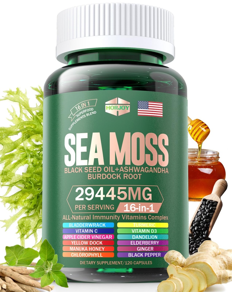 Sea Moss 12000mg Olio di semi nero 6000mg Ashwagandha 3000mg Turmeric 1000mg Bladderwrack 2000mg Burdock 3000mg & Vitamina C & D3 con Elderberry Manuka Dandelion Yellow Dock Iodine Chlorophyll ACV