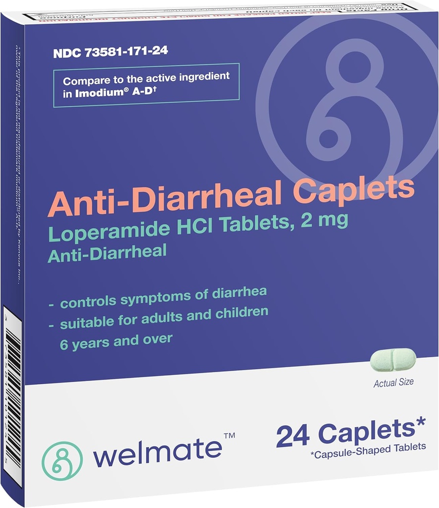 WELMATE - Anti-Diarrheal Caplets (24 Caplets) - Loperamid HCL 2 mg - Diarrhea Symptom Relief - Upset Stomach Reliever - Anti Diarrhea Pillen - Over-The-Counter Medication