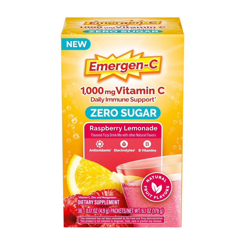 Polvere di vitamina C di Emergen-C Zero Sugar 1000 mg per il supporto quotidiano dell'immune Caffeina Integratori di vitamina C con Zinco e Manganese, Vitamine B ed Elettroliti, Raspberry Limonata Flavor - 36 Conte