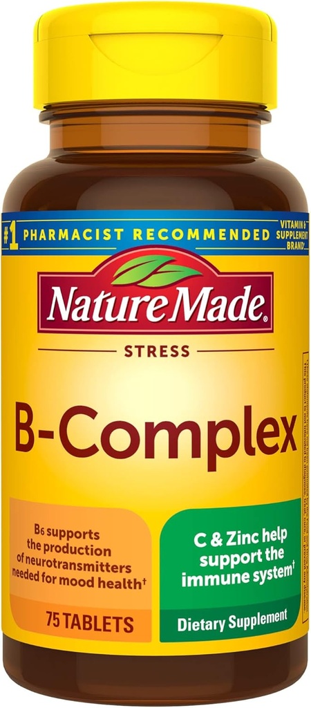 Nature faite complexe de stress B avec vitamine C et zinc, supplément alimentaire pour le soutien immunitaire, 75 comprimés, 75 jours d'approvisionnement