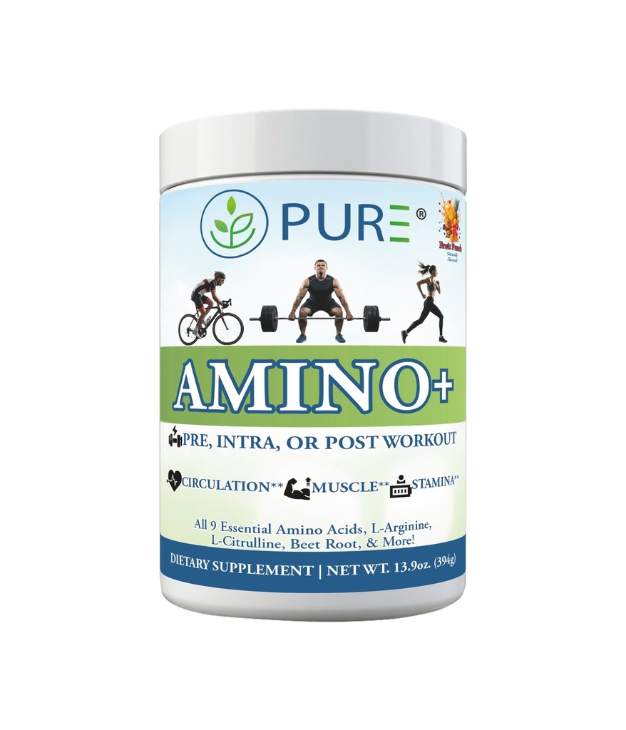 Poudre d'acides aminés essentiels PURE® Amino+ - 30 portions, 500g - Plein spectre EAA avec L-Arginine, L-Citrulline et racine de betterave - Récupération musculaire et boisson d'hydratation - Fruit Punch Flavor, Fabriqué aux États-Unis
