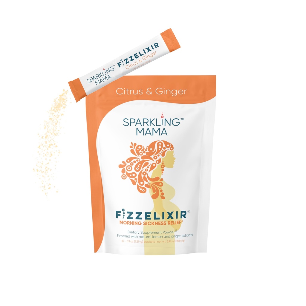 SPARKLING MAMA: Morning Sickness Drink, Fizzelixir Effervescent Mix Settles The Stomach, Pregnancy, 1. Trimester, IBS, Nausea, USA Made (Vitamin B6, Magnesium & Folic Acid), Citrus & Ginger 18 Sticks