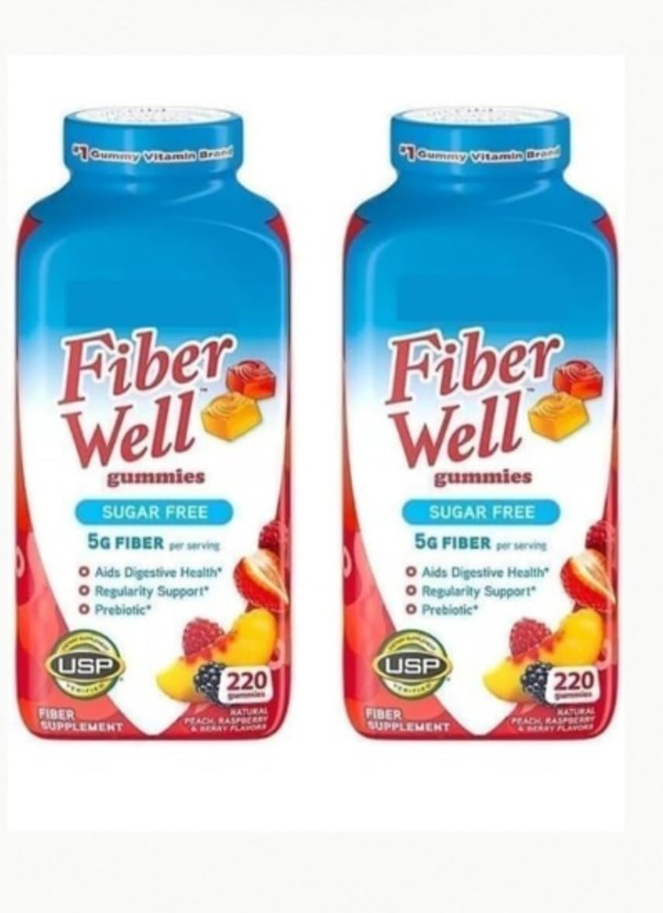 Supplément de gommies sans sucre en fibre bien, pêche, fraise et baie aromatisée (2 bouteilles, sans sucre)