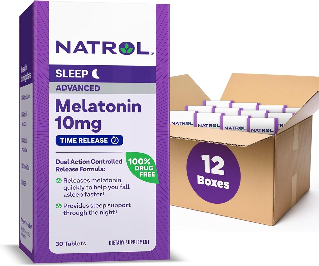 Natrol Advanced Sleep Melatonin 10mg, Integratore alimentare per il sonno riposante, Time Release Melatonin Tablets, 30 Time-Release Tablets, 30 giorni di alimentazione (Pack of 12)