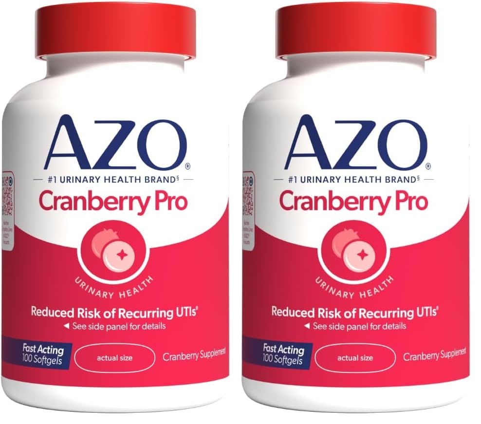 AZO Cranberry Pro Urinary Tract Health Supplement 600mg PACRAN, 1 Serve: Più di 1 bicchiere di succo di mirtillo, Pillole di mirtillo senza zucchero, Non OGM 100 Softgels (Pack of 2)