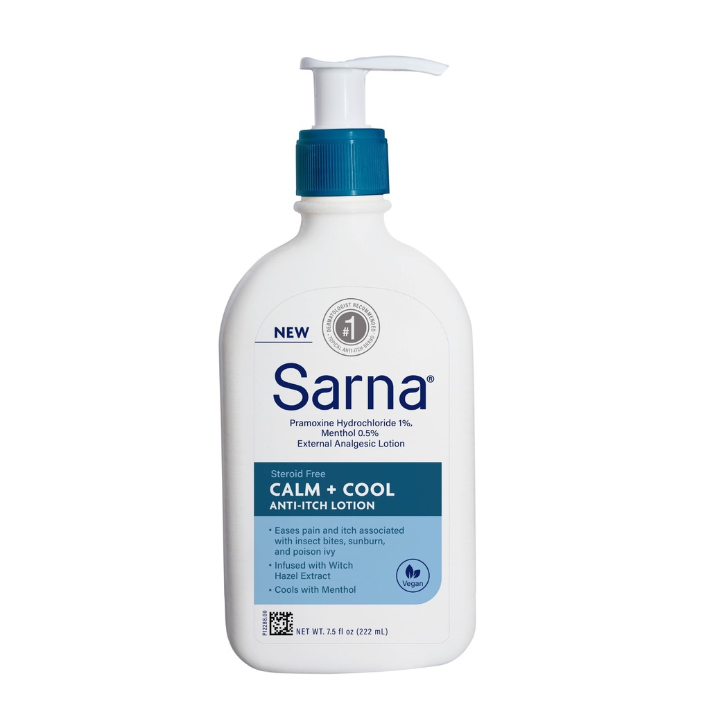 Sarna Calm + Coole Anti-Itch Lotion, beruhigen und lindern Schmerzen und Itch von Insektenstichen, Sunburn, & Gift Ivy, Enthält 1% Pramoxin Hydrochlorid, 0.5% Menthol, Vegan, Steroid-frei, 7.5oz