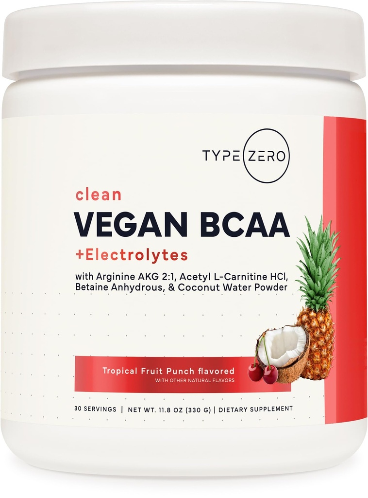 Tipo Zero Ultra Clean Vegan BCAA Polvere + elettroliti (Punto di frutta tropicale | 6G) 2:1:1 senza zucchero / senza sucralosio BCAA Supplemento di aminoacidi - BCAA Vegan Aminoacidi dopo la bevanda di allenamento, 30 Serve