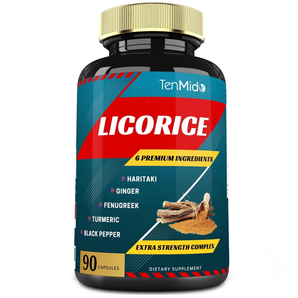 Licorice Extract Kapseln mit Turmeric, Ginger, Fenugreek, Haritaki, Black Pepper - Support Digestion Function - 90 Caps, 3 Monate Versorgung