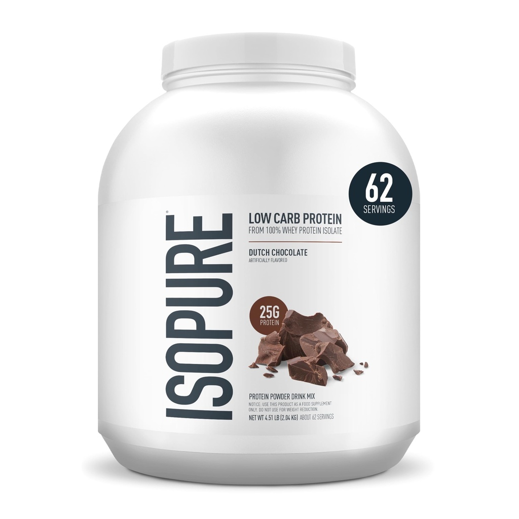 Isopure Low Carb 100% Pure Whey Isolate Protein Powder, Sans lactose, Sans gluten, avec des vitamines, Chocolat hollandais, 25g de protéines par portion, 4,5 Lb, 62 portions (paquetage mai Vary)