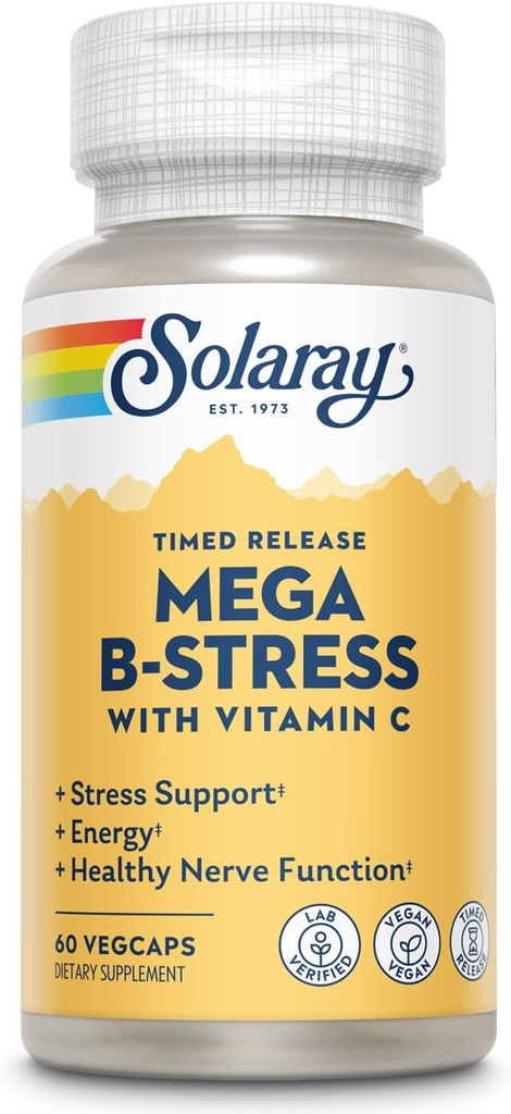 SOLARAY Mega Vitamine B-Stress, Complexe de vitamine B à libération chronométrée avec 1000 mg de vitamine C pour le stress, l'énergie, le sang rouge et le soutien immunitaire, 60 jours de garantie, végétalien, 20 portions, 60 VegCaps
