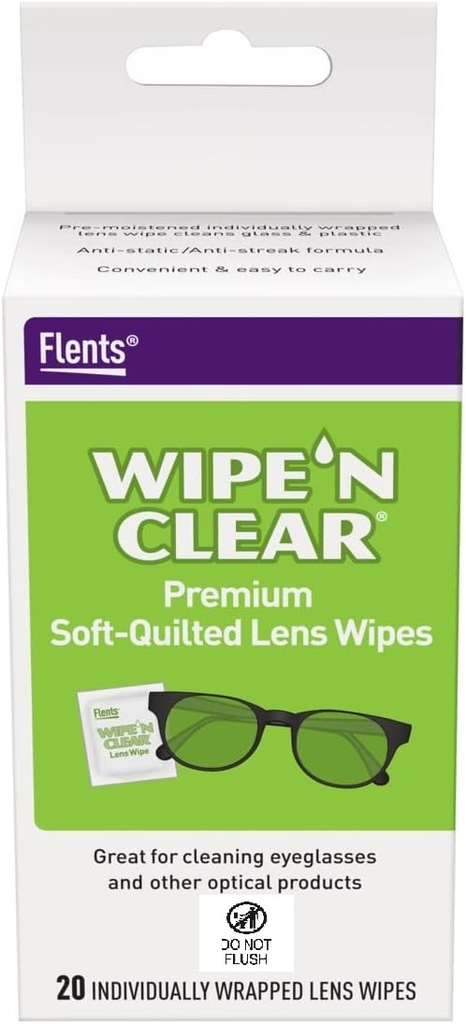 Pulizie Lens Lens Wipes, Wipe 'N Clear, 20 Conte, Pre-Moistened, Streak-Free, Sicuro per occhiali, Anti-Fog, Pulizia Gentle, Visione chiara, Individualmente Avvolto per Viaggi & Convenienza, Made in USA