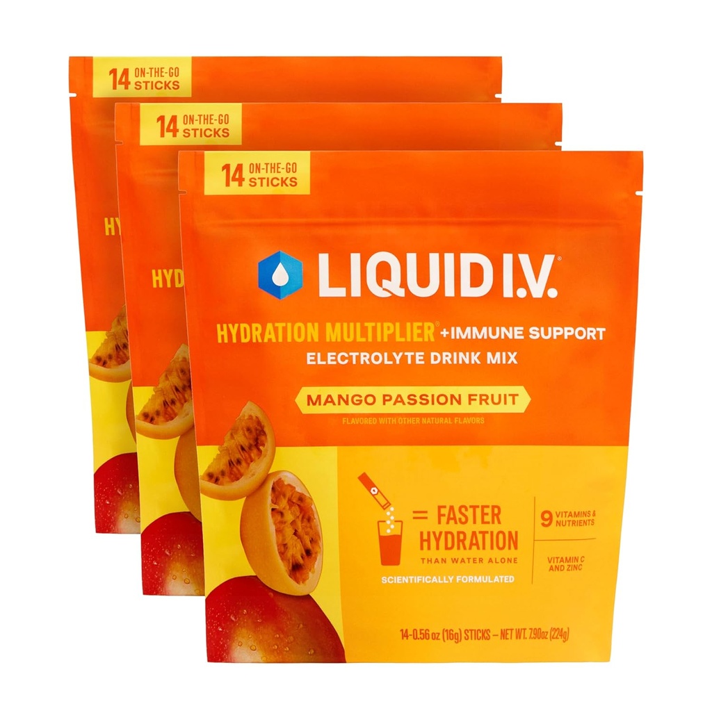 Liquid I.V.® Hydration Multiplikator +Immune Unterstützung - Mango Passionfruit | Elektrolyt Pulver Getränke Mix | 3 Pack (42 Servierungen)