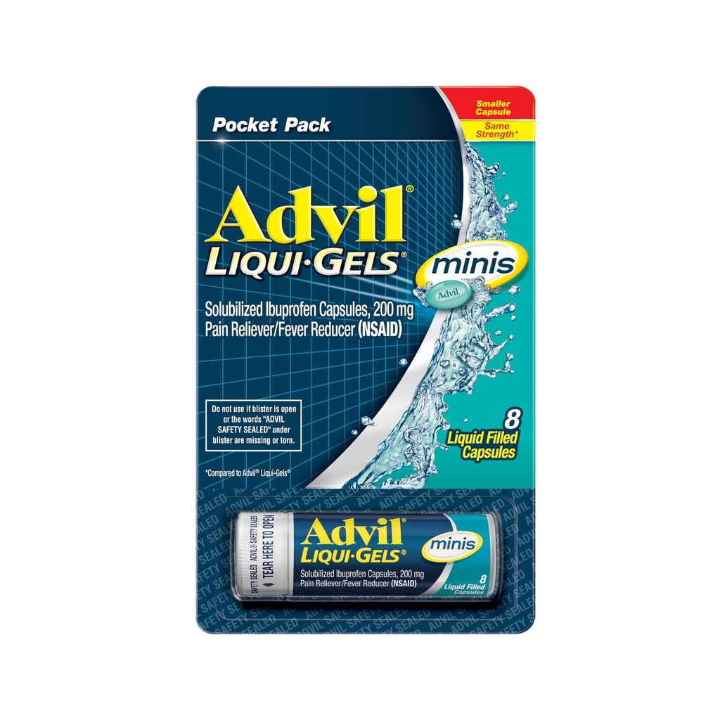 Advil Liqui-Gels minis Pain Reliever und Fever Reducer, Schmerzmedizin für Erwachsene mit Ibuprofen 200mg für Schmerzlinderung - 8 flüssige gefüllte Kapseln