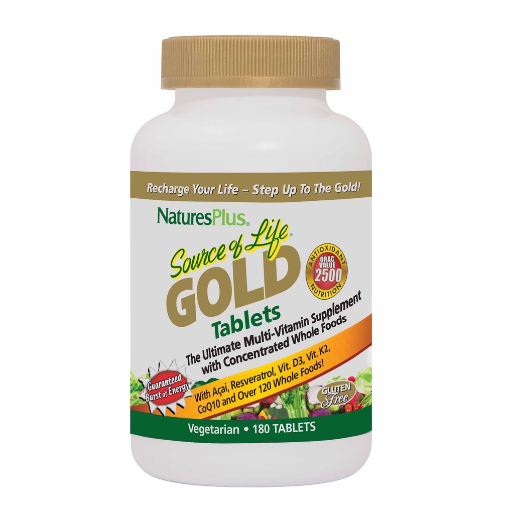 Natures Plus Quelle des Lebens Gold Multivitamin - 180 Tabletten - Blut-Unterstützung, Knochen-Unterstützung, Gesundes Immunsystem - Inklusive Vitamine D3, B12, K2 & Über 120 Ganze Nahrung Nährstoffe - 60 Portionen
