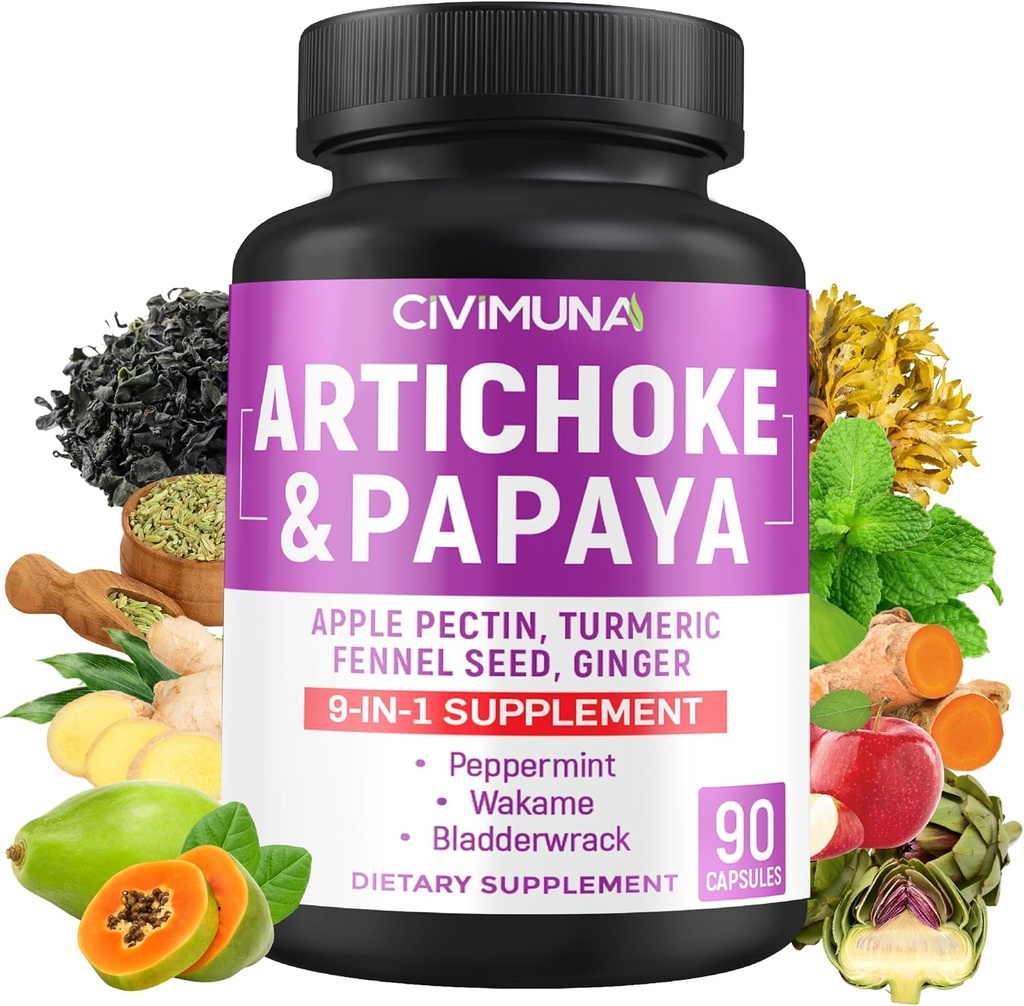 Artichoke Capsules with Artichoke, Papaya, Apple Pectin and More - 90 Capsules for 3 Months Supply