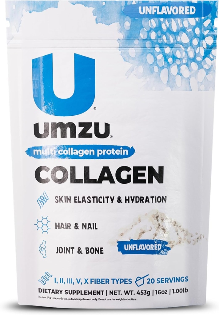 UMZU ZuCollagen Hydrolysiertes Proteinpulver | 5 Collagen Peptide Typen für gesundes Haar, Haut, Nägel, Gelenke & Gut | Niedrige Kalorien, High Protein (20g Protein per Serving | Unflavored)