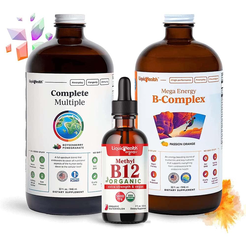 LIQUIDHEALTH Ensemble de vitamines haute performance pour les adultes avec Mega Energy B-Complex, Multivitamines multiples complètes et vitamine biologique B12 gouttes - Booster l'énergie naturelle et améliorer la performance sportif