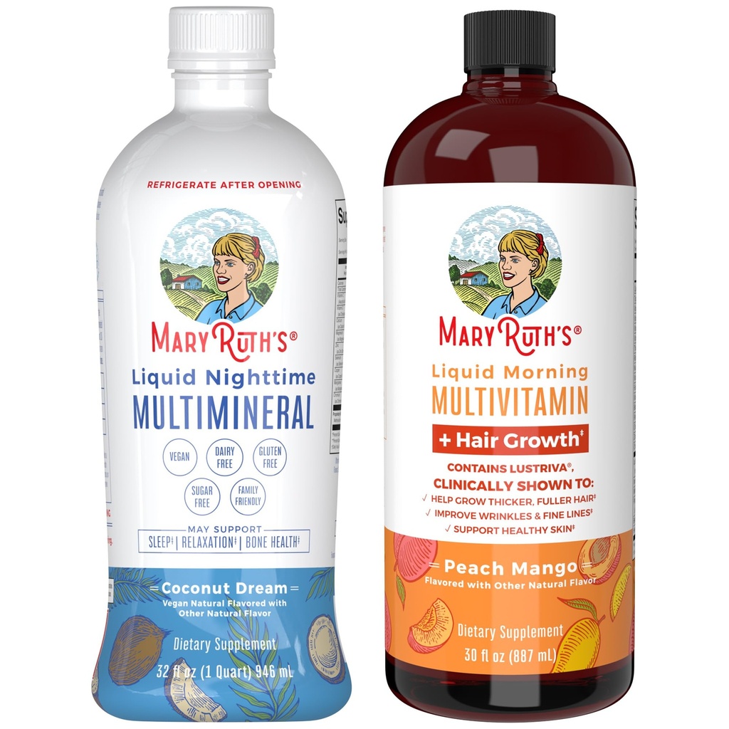 MaryRuth’s Nighttime Multimineral (Coconut, 32oz) & Multivitamin Liquid + Haarwachstum (Peach Mango, 30oz) | Clean Label Project Verified® | Bedtime Routine & Beauty | Sugar-Free, Vegan, Gluten-Free