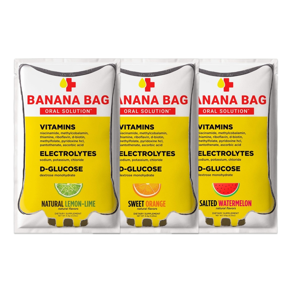 Banana Tasche Oral Lösungspakete – Variety Pack 6pk | Eine Refreshing-Mischung von Elektrolyten, Vitamin C und B-Complex | Gefertigt für Hydration und einen täglichen Boost Anytime – zu Hause, Arbeit oder auf dem Go
