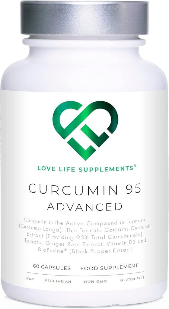 Curcumine 95 Avancé, 60 Capsules, Curcumine haute résistance (composante active du curcuma) avec 95 % de Curcuminoïdes + BioPerine® (extrait de poivre noir), vitamine D, racine de tomate et de gingembre, BPF Approuvé