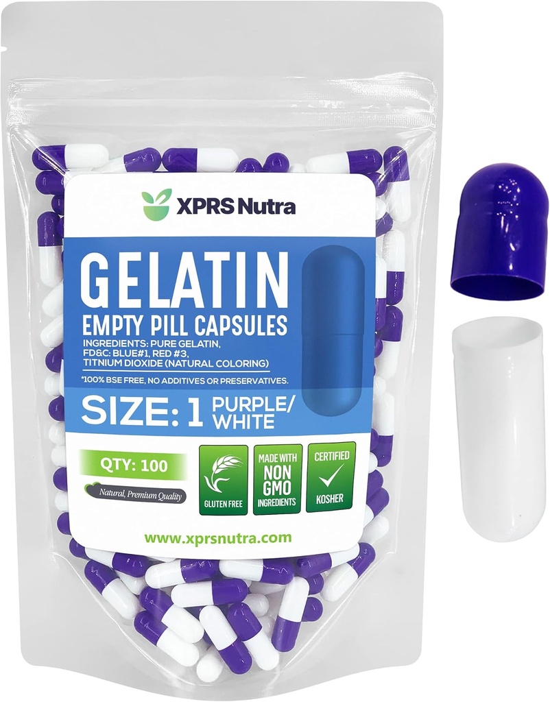 XPRS Nutra Größe 1 Leere Kapseln - 100 Count Leere Gelatine Kapseln - Pille DIY Kapsel Füllung - Pure Bovine Pill Gel Kapseln für Do-It-Yourself Ergänzungen (Purple/White)