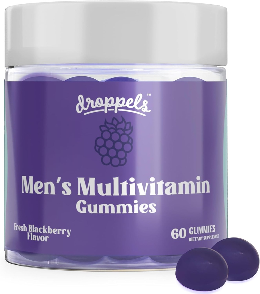 Droppels Men's Multivitamin Gummis mit Folsäure, Vitamine A, D, C, E, K, B6, B12, Biotin & More | Vegan, Non-GMO & Pectin-Based | Fresh BlackBerry Flavor, 60 Count