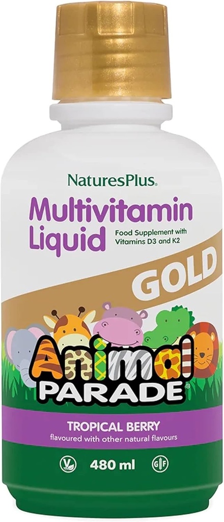 NaturesPlus Tier Parade Gold Kinder flüssiges Multivitamin, 16 fl oz - Natürliche Tropische Berry Flavor - Immununterstützungsergänzung - Glutenfrei, Vegan - 32 Servierungen