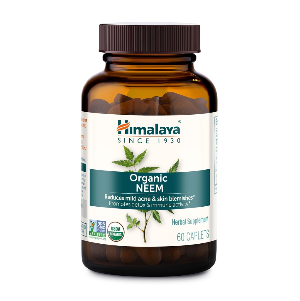 Himalaya Neem biologique, 60 jours d'approvisionnement - suppléments d'acné à base de plantes soutenant la peau claire et la détox - USDA biologique, végétalien, non-OGM, sans gluten, 600 mg, 60 capsules