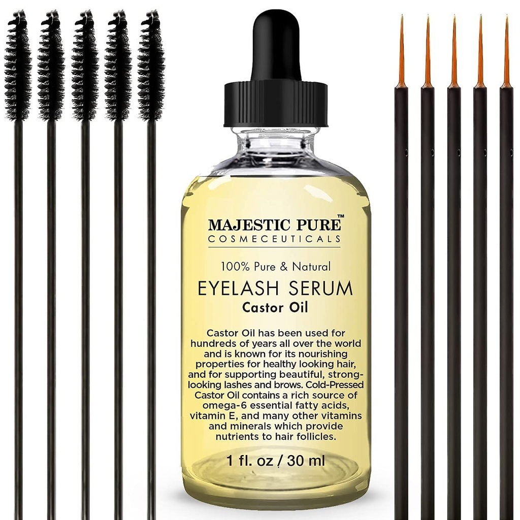 Sérum de cils d'huile de ricin pur Majestic - avec cellules souches Apple et Argan - Sérum de croissance des cils pour plus épais cils, sourcils et cheveux - Ensemble gratuit de brosse Mascara et applicateur Eyeliner - 1 fl oz