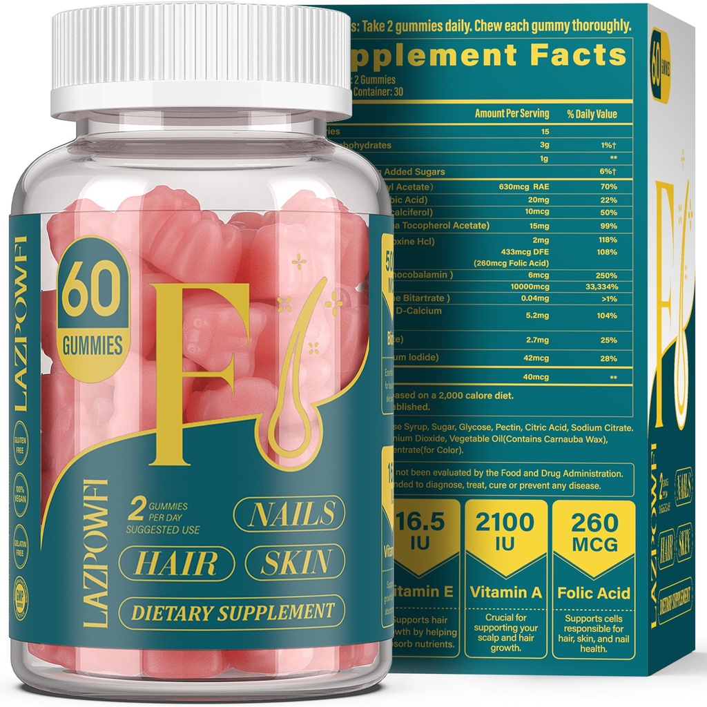 Biotine Gummies -Hair Peau et ongles Vitamines pour les hommes et les femmes, Vitamine végétalienne B7, soutient la croissance des cheveux et des ongles plus forts, 30 jours d'approvisionnement - framboise-60 comte