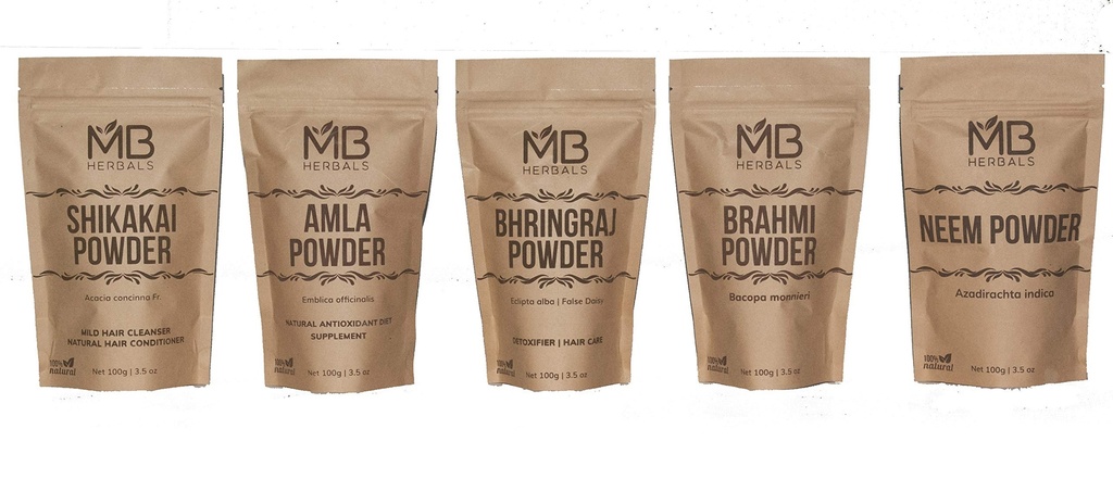 MB Herbals Hair Care Powders COMBO Pack | Shikai | Neem | Brahmi | Amla | Bhringaraj | Powders | 100 Grammi Ogni | Per Hair Pack | Solo uso esterno