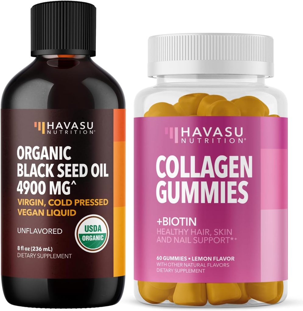 HAVASU NUTRITION Organische schwarze Seed Öl Flüssigkeit + Kollagen Gummis Bundle