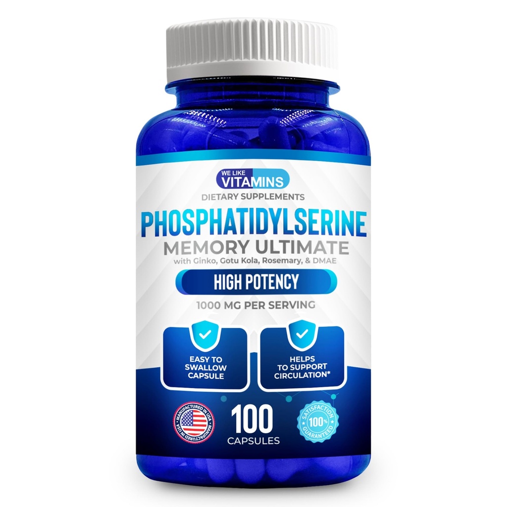 Nous aimons les vitamines Supplément Phosphatidylsérine avec Gingko Biloba, Gotu Kola, DMAE - Améliore la focalisation, la mémoire, la fonction cognitive - Complexe ultime de mémoire sans soja de 1000mg - 100 capsules faciles à avaler