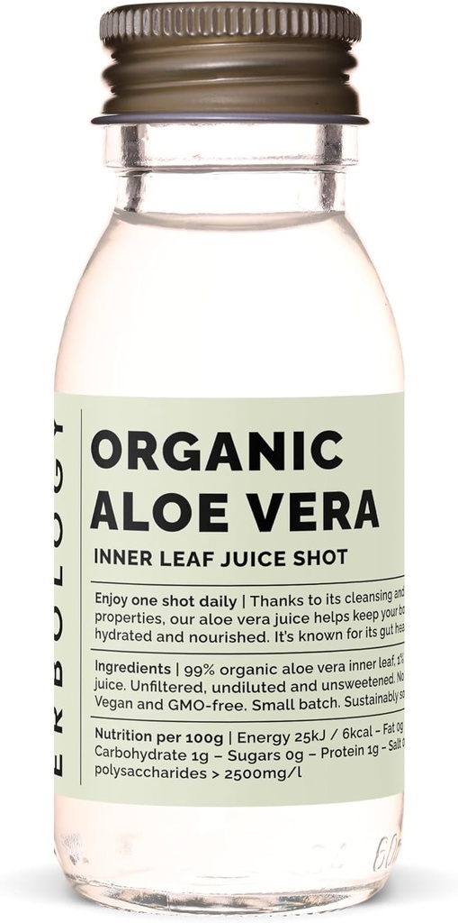 Erbologia Organic Aloe Vera Juice 12 Shots giornalieri (2 fl oz) - Supporto per l'immunità e Detox - da Foglia Interiore - Direttamente dalla Fattoria in Spagna - Non diluito - Non Aggiunto Zucchero - Non OGM - Bottiglia di vetro riciclabile