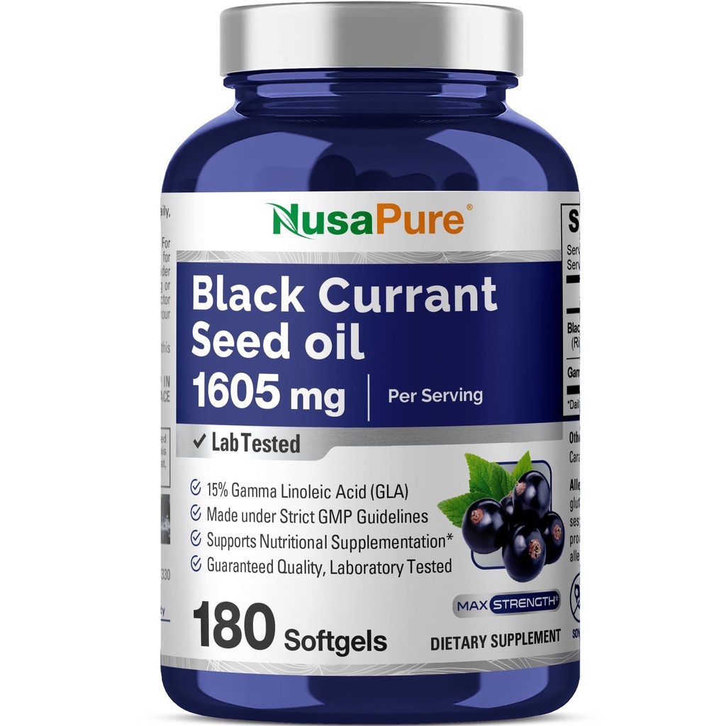 NusaPure huile de graines de groseille noire 1605 mg acide linoléique gamma (ALG) 15% 180 softgels (non-OGM, sans soja)
