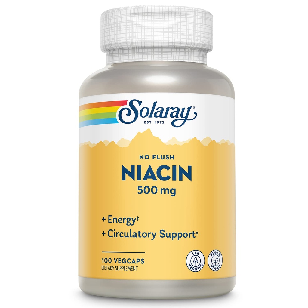 SOLARAY No Flush Niacin 500mg, Flush-Free Vitamin B3 Niacin, Energie- und Kreislaufsystem-Unterstützung, Vegan, Labor verifiziert, 100 Portionen, 100 VegCaps