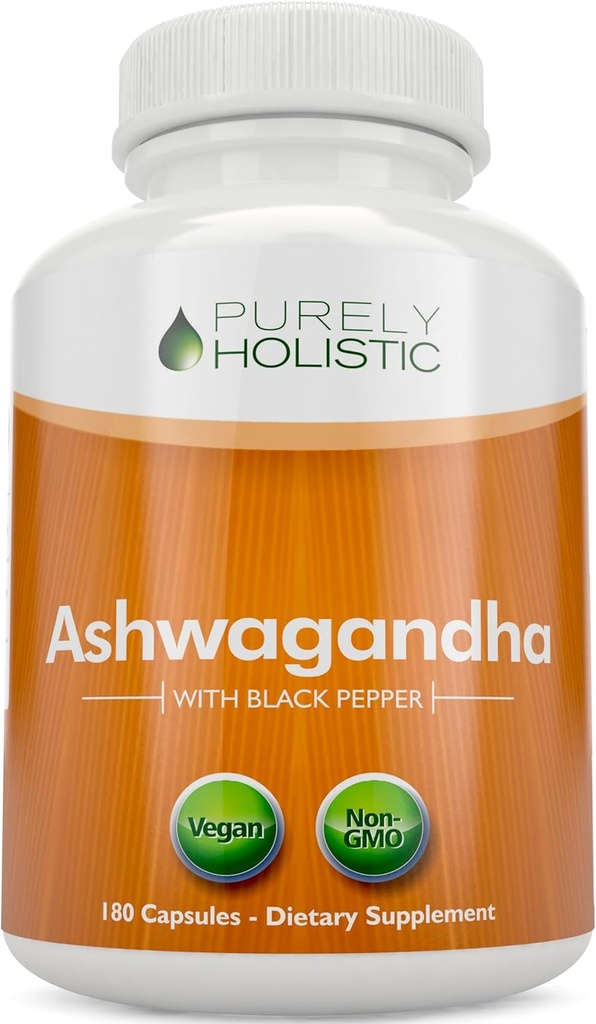 Purely Holistic Organic Ashwagandha 1300mg - 180 capsule vegane - 650mg di Ashwaganda per capsula - 3 mesi di alimentazione - Estratto di radice di Ashwaganda ad alta resistenza con pepe nero