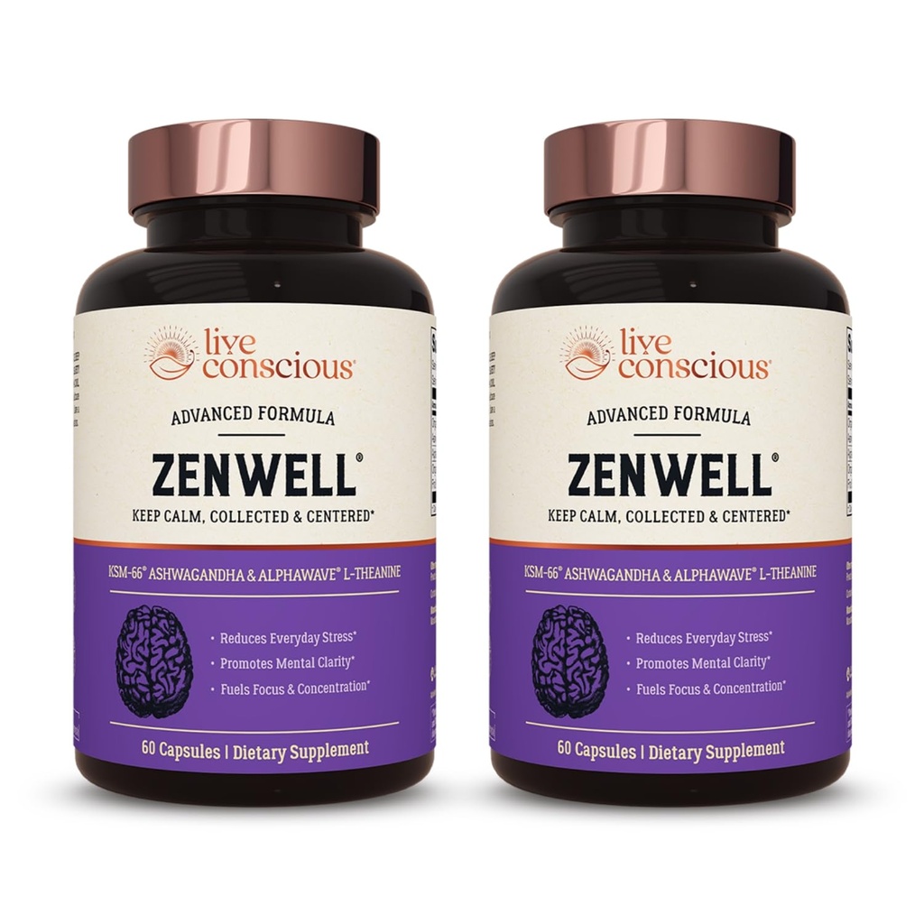 Supplément de l'Ashwagandha KSM-66 vivant conscient w/L Theanine & AlphaWave - ZenWell tous les jours soulagement du stress, cognitif, santé du cerveau - Ashwagandha pour les hommes et les femmes - 60 capsules (2-pack)