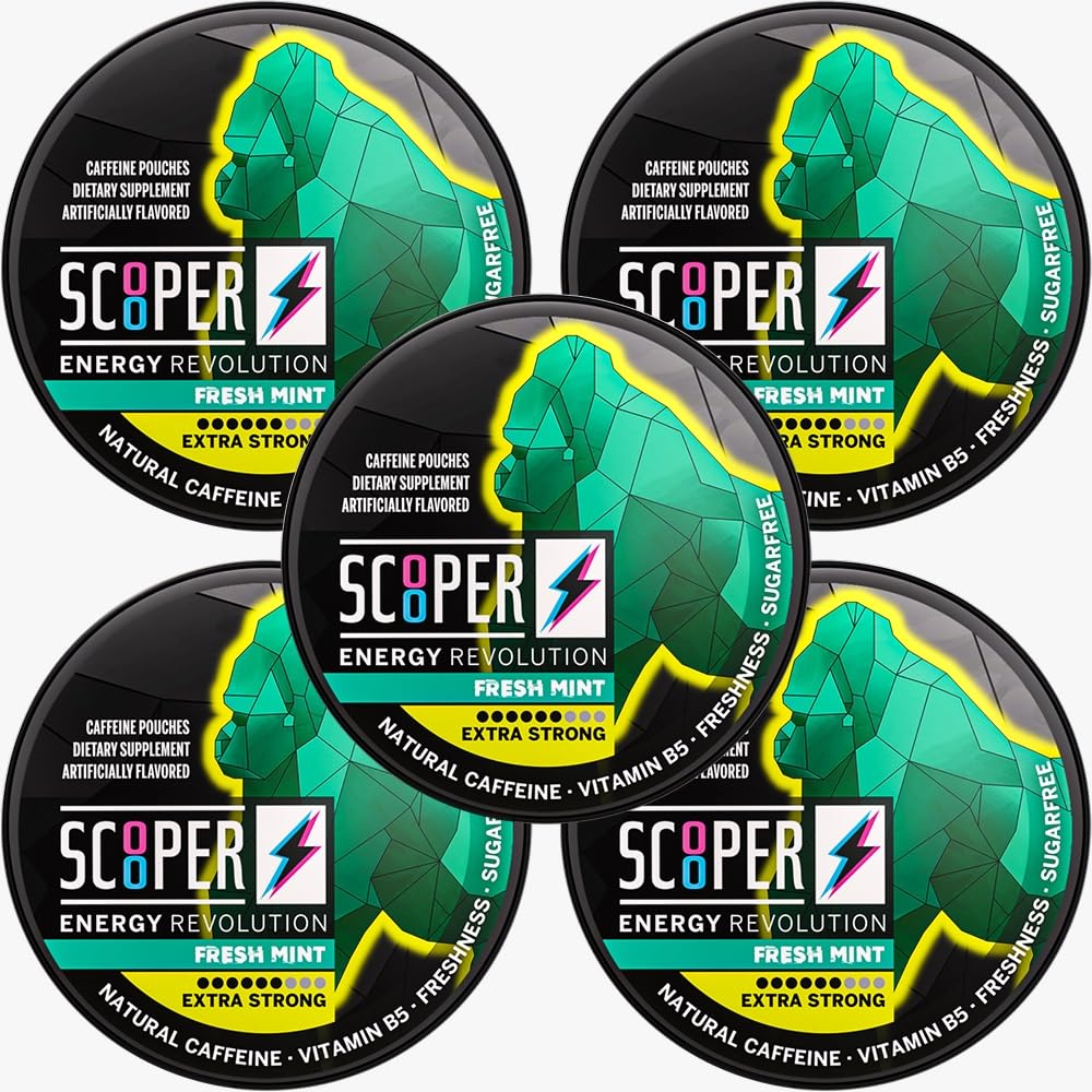 Scooper Energy Fresh Mint | Extra Strong 80mg Koffein | Energy Pouches Sugarfree | 5 Pack (12 Stück/kann)