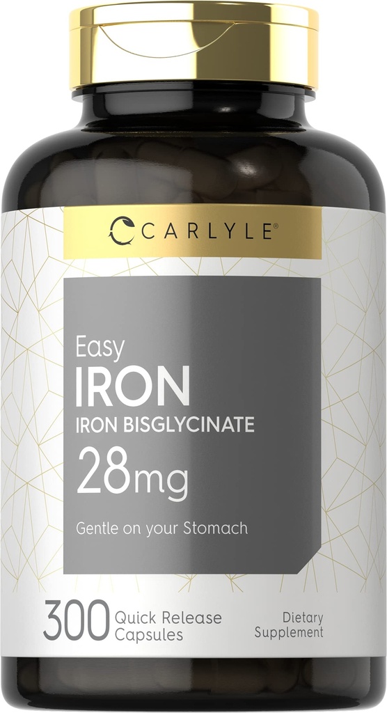 Carlyle supplément de fer facile pour les femmes et les hommes , 28mg , 300 Capsules , comme Bisglycinate de Fer , non-OGM et sans gluten