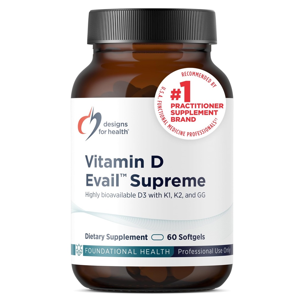 Designs für Gesundheit D-Evail Supreme - 5.000 IU Vitamin D3 Supplement mit VIT K (K1, K2 als MK-4) + GG - Knochen, Herz-Kreislauf + Immununterstützung - Verbesserte Bioverfügbarkeit (60 Softgels)