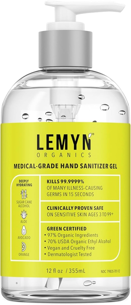 Medical‐Grade Hand Sanitizer Gel – 97 % Bio | 70 % USP Ethylalkohol | Feuchtigkeitsspendende Aloe + Hyaluronsäure | Frisch Made in USA | 12oz Flasche mit Pumpe