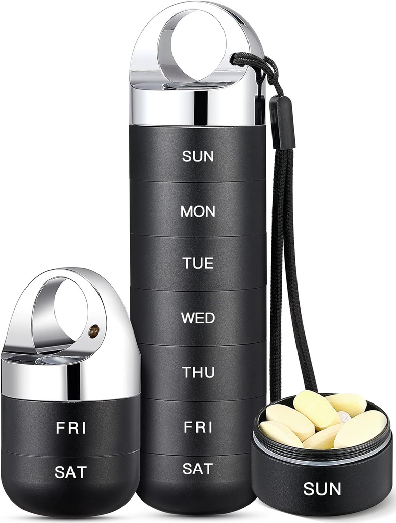 Zannaki Metal Travel Pill Organizer, Portable Waterproof Weekly Pill Box, Grand contenant de boîtier en alliage d'aluminium, BPA gratuit 7 jours de médecine quotidienne Organisateur pour la vitamine, huile de poisson, supplément