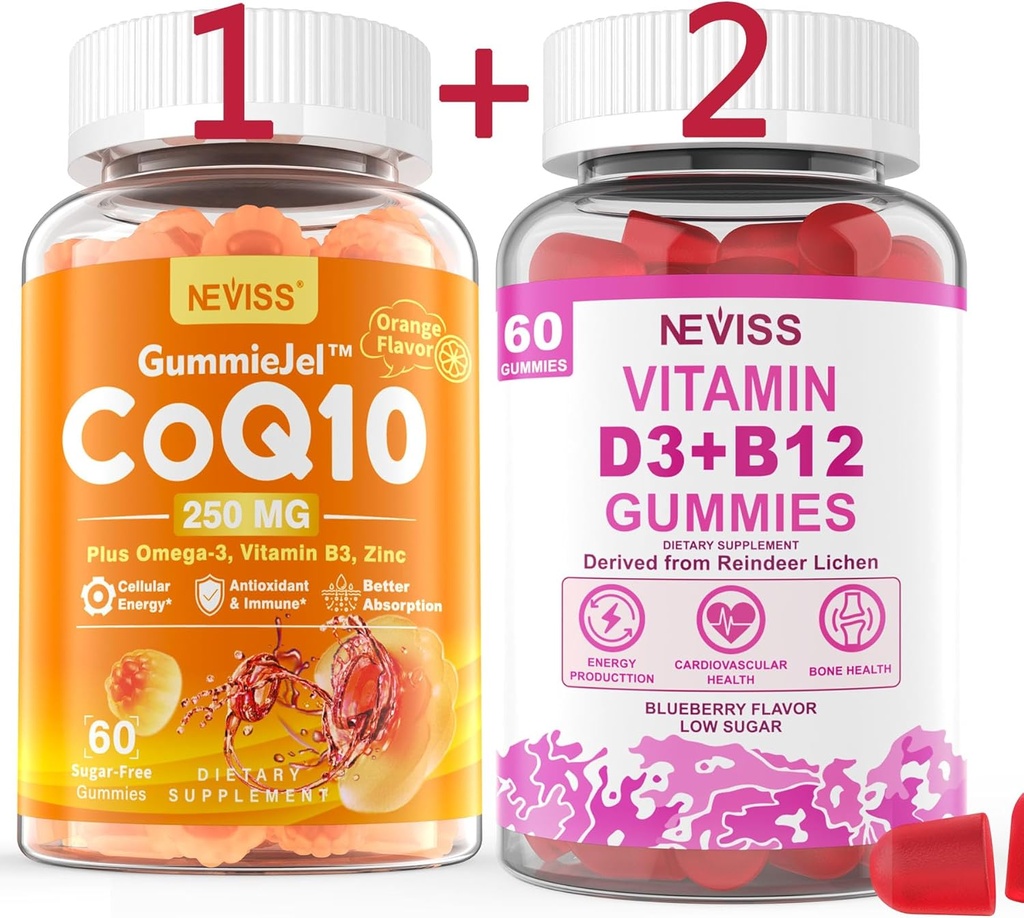 NEVISS Sugar-Free CoQ10-250mg Filled Gummies,60Cts + Vegan Vitamin D3 5000IU & Methyl B12 1000mcg Gummies, 120Cts