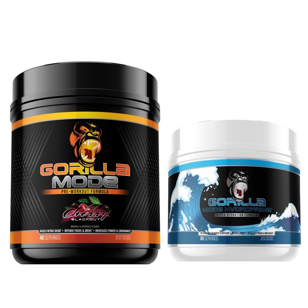 Gorilla Mode Pre Workout (Cherry) + HydroPrime Glycerol Pre Workout - Umfassendes Stack für Hyper-Hydration, Pumpe, Leistung, Ausdauer und Thermoregulation