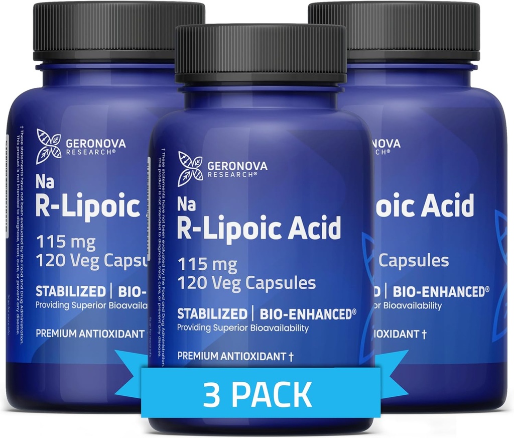 Geronova Research Bio-Enhanced R-Lipoic Acid, 115 mg Kapseln - 12 Monate Versorgung - Stabilisierte R Alpha Liponsäure mit verbesserter Absorption - R Lipoic Acid Supplement - 360 Count