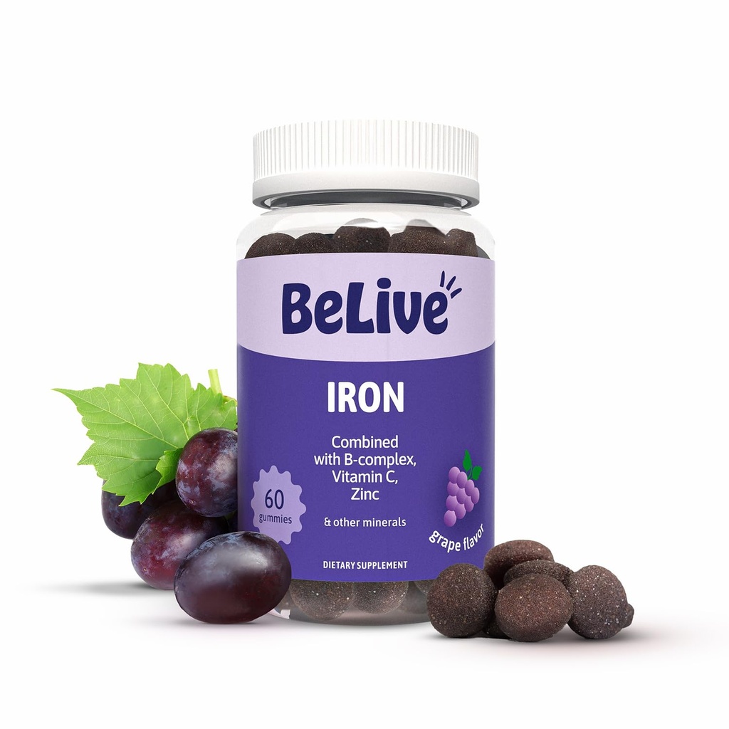 BeLive Iron Gummies - Multivitamin Supplement with Vitamin C, A, B & Zinc, Supports Blood Oxygen, Vegan Iron Supplements for Women, Men & Kids for Growth and Development - Grape Flavor | 1-Pack