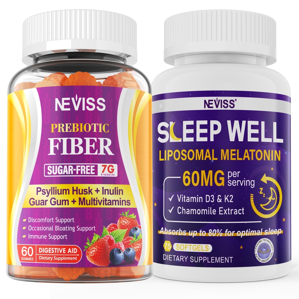 NEVISS Prebiotic Fiber 7G Gummies per adulti + Melatonina 60 mg per adulti Bundle