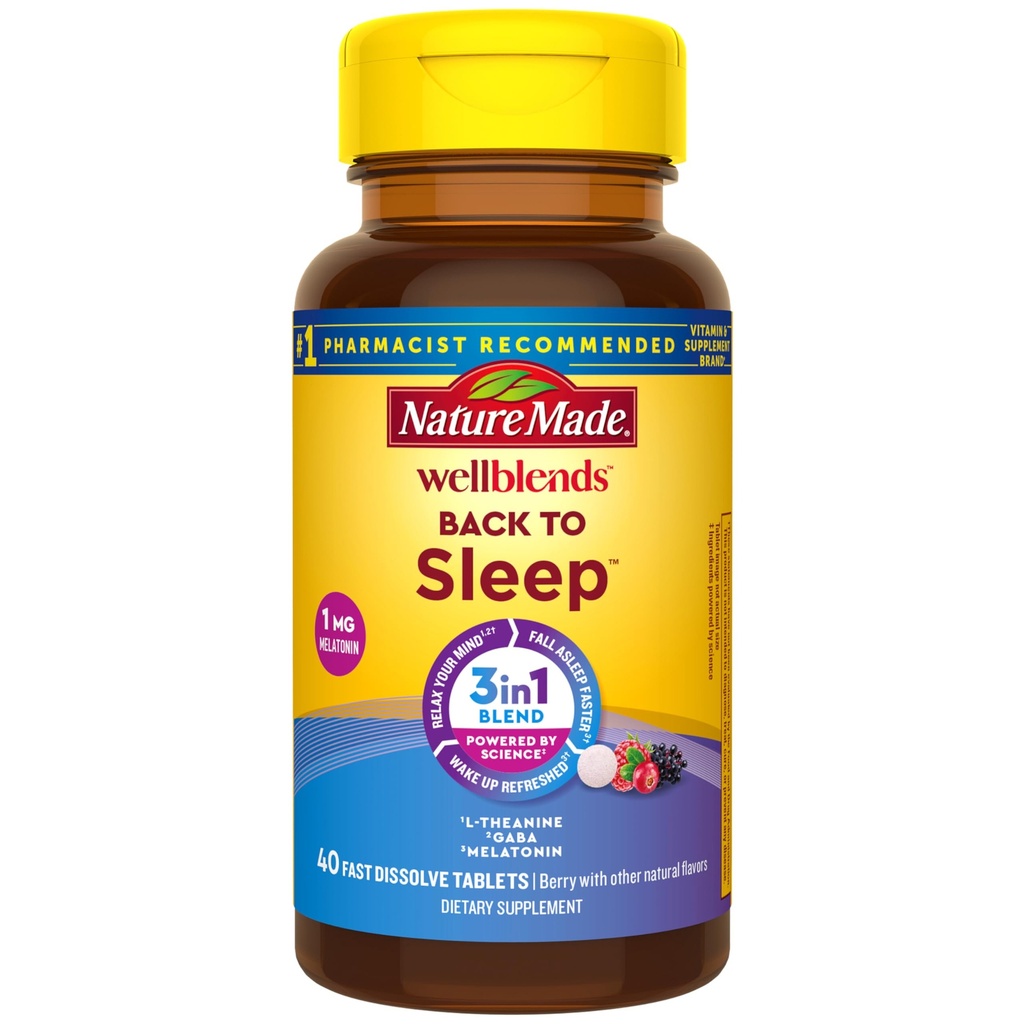 Natura fatta Wellblends Torna a dormire, Bassa Dose Melatonin 1 mg, L theanine 100 mg e GABA 100mg, Supplemento di sonno, 40 compresse di dissolve veloce